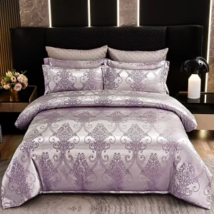 Jacquard Duvet Cover Set European Taupe Satin Sheet Set Embroidery Decor Soft Lightweight Golden Bedding Set