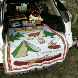 Jacquard Trunk Pattern Sofa Throw Blanket Vintage Style Picnic Rug for Car Camping Touring
