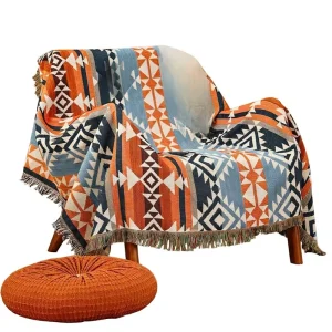 Jacquard Woven Aztec Throw Blanket Polyester Cotton Blend Reversible Boho Style Lightweight Camping Sofa Bed 51×63 Rust Blue