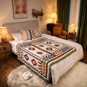 Jacquard Woven Throw Blanket With Tassel Tapestry Multi-Function Decorative Throws for Sofa Camping