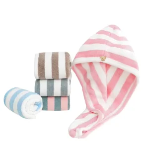 Japanese Thickened Coral Cute Water Absorption Quick Drying Striped Hair Bath Shower Cap Microfiber Towels Hair