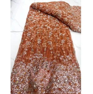 K C Luxury Floral Vine Beaded Rhinestone Tulle Lace Sequins Mesh for African Aso Ebi & Dubai Wedding Evening Gown