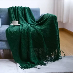 Khaki Knitted Throw Blanket with Tassels