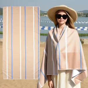 Khaki Striped Beach Towel Soft Towelling Recycled Microfiber Quick Dry Sand Free Beach Towels