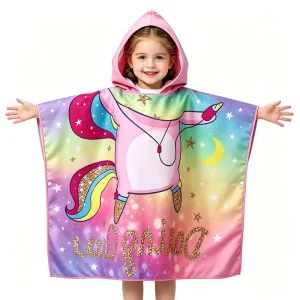 Kids Hooded Poncho Towel Custom Cartoon Print Microfiber Hooded Beach Towel Reusable Eco Friendly Absorbent Cape Bath Towel