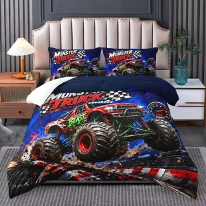 Kids Monster Truck Comforter Set 3D Printed Racing Car Bedding Quilt for Boys Bedroom