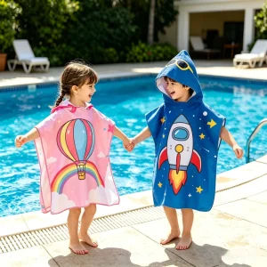 Kids Poncho Beach Towel Soft Custom Logo Printed Cartoon Hooded Babies Wearable Animal Poncho Bath Towel