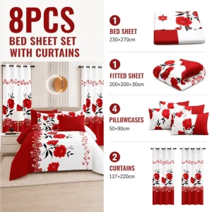 King Queen Size 8-Piece Microfiber Bed Sheet Set with Curtains Printed Bedroom Bedding Set
