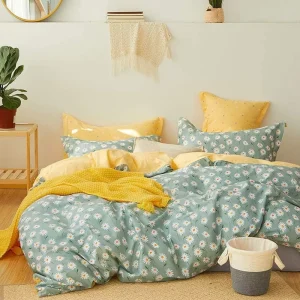 King Size 100% Cotton Daisy Floral Duvet Cover Set Super Soft Flower Pattern Bedding Set with 2 Pillowcases