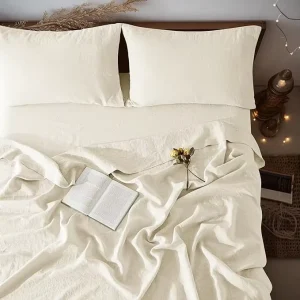 King Size 4pcs Bedding Set Deep Pocket Fitted Sheet Solid Natural French Linen Flat Sheet with Pillowcase