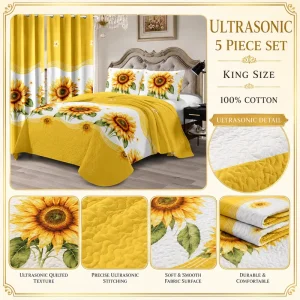 King Size 5 Piece Quilted Bedspread Set with Matching Curtains Sunflower Print Bedding