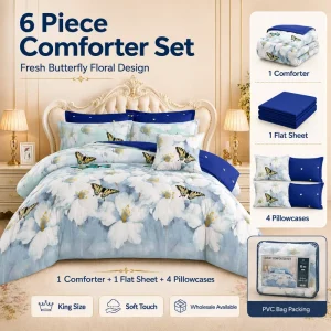 King Size 6 Piece Comforter Set Floral Printed Microfiber Bedding Set