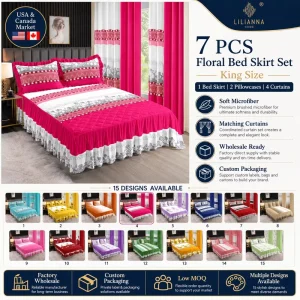 King Size 7 Piece Quilted Bed Skirt Bedding Set with 2 Pillowcases and 4 Curtains