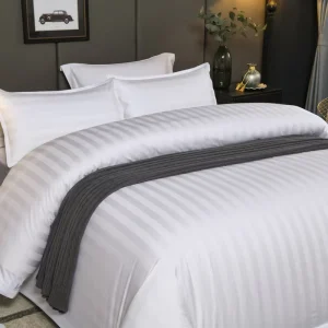 King Size Hotel Bedding Set White 100% Cotton 3cm Stripe Bed Sheet Fitted Sheet Set