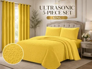 King Size Ultrasonic 5 Piece Bedspread Set with Matching Curtains and Pillowcases