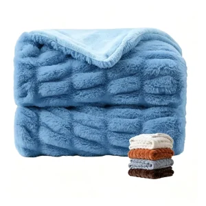 Knit Fluffy Blanket Rabbit Faux Fur Blue Throw Blanket