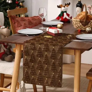 Knitted Christmas Tree Table Runner with Gold Star Thick Textured Fabric Scarf for Farmhouse Dining Table Xmas Home Decoration