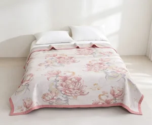 Knitted Gilded Cotton Cover Blanket with Floral Pattern Chinese Style All Season Use 210cm X 240cm for Living Room