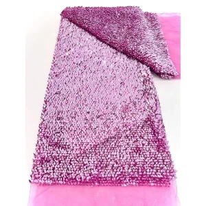 Knitted Polyester African Beaded Lace Fabric with Heavy Scale Mesh & Embroidered Sequins for Wedding Dresses