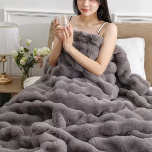 Knitted Rabbit Faux Fur Blanket Ultra Soft Fluffy Waterproof Bubble Throw for Four Seasons Home Use & Nap