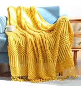 Knitted Throw Blanket with Fringe Lightweight Woven Decorative Blanket with Tassel for Sofa Bed Couch Home Hotel Decor