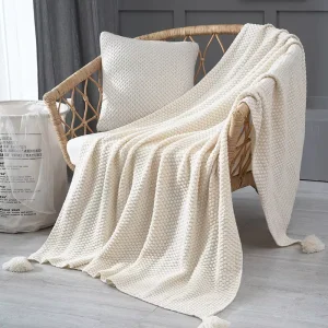 Knitted Throw Blanket with Tassels Soft Waffle Weave Blanket Lightweight Fleece Plain Blanket for Home Sofa