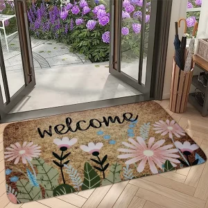 Kongyu Home Textiles Welcome Doormat Pink Daisy Botanical Print Non Slip Front Door Mat Nature Garden Floral Entry Rug Decor