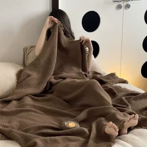 Korean Brown Wrinkled Yarn Blankets 4 layer 100% Cotton Blanket Tassels Bed Blanket for Home Decor
