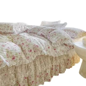 Korean Cute Floral Bedding Set 4 Piece Bubble Polyester Edge Jacquard Bed Skirt Set All Season Home Textile