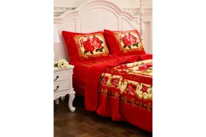 Korean Large Size Warm Knit Soft Luxury Rose Print Crochet Adult Blanket Raschel 4PCS Blanket Set