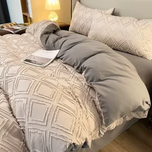 Korean Style 100% Polyester 4 Piece Woven Duvet Cover Set with Solid & Geometric Patterns 100TC Thread Count for Home Hotel Use