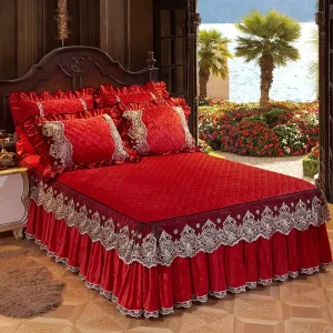 Korean Style Bed Skirt Red Wedding Bedding Sets and Cushions Royal Bed Skirt