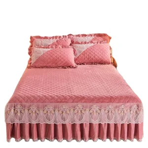 Korean Style Jacquard Lace Embroidery 400TC 100% Cotton Sleep Aid Winter Velour Crystal Velvet Pink Bed Skirts