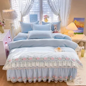 Korean Style Jacquard Lace Princess Light Blue Embroidery Ruffed Lace Bed Skirt Bed Sheets Duvet Cover Set Microfiber