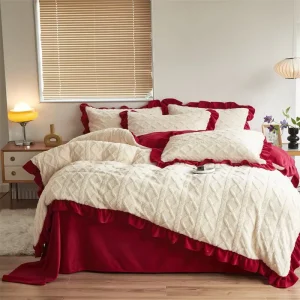 Korean Style Woven Taffeta Velvet 400TC Organic 4-Piece Set Red Bed Skirt Duvet Cover for Wedding & Home Use