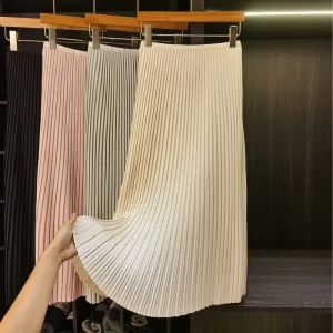 Korean style Soft chic Intricately Pleated A line Skirt High waisted Figure flattering Midi length Flowing Draped Silhouette 3D
