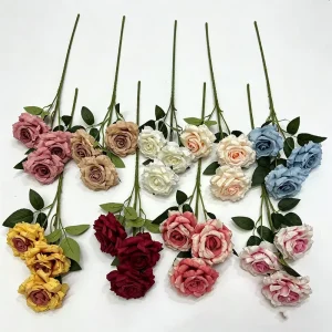 L 099 Silk Artificial Rose Bouquet White Burgundy 3 Heads Handmade Modern Multi Head Wedding Decor Bulk