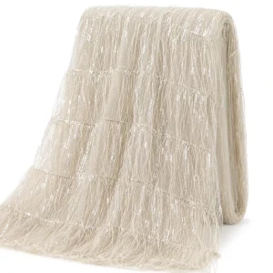 LH 100% Polyester Embroidered Tassel Fabric with Sequins Lace Mesh Embroidery for Wedding Dresses and Shoes