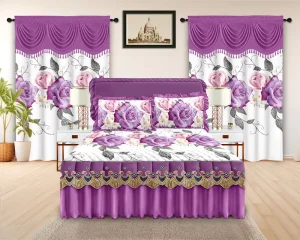 LILIANNA Collection Printed Soft Fabric Quilted Ruffle Bedskirt with Unique Valance Curtains King Size Lace 5pcs Bedskirt Set