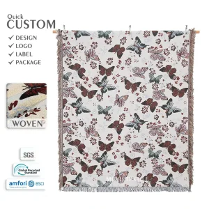 LOW MOQ Custom Floral Butterfly Jacquard Woven Picnic Blanket Eco-Friendly Portable Outdoor Camping Blanket Custom Design