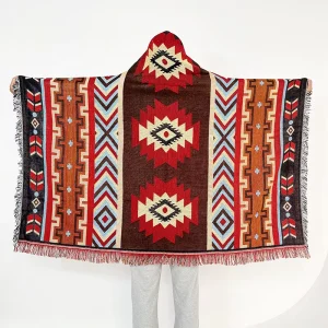 LOW MOQ Unisex Boho Anime inspired Jacquard Pattern Hooded Blanket Custom Camping Portable Poncho Tapestry