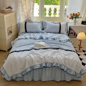 [LS] All Season Modern 4-Piece Queen Korean Lace Quilt Set Bed Sheet Pillowcases Air-permeable Washable Home Hotel Use Polyester