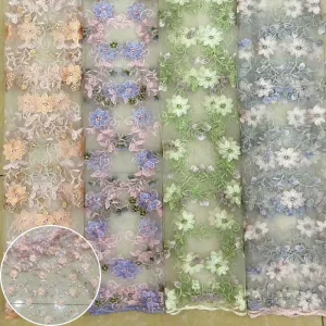 Lace Fabric Embroidered Flower Fabric Multi-color Thread Small Flower Embroidery Fabric Women’s Mesh Fabric