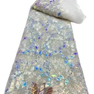 Lace Fabric Embroidery French Lace Wedding Dress Embroidered Aqua Mesh Fabric With Beads and Sequins