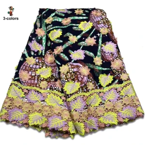 Lace Fabric with Floral Embroidery Trim African Cotton Swiss Voile Lace Fabric Featuring Exquisite 3D Applied Embroidered Designs