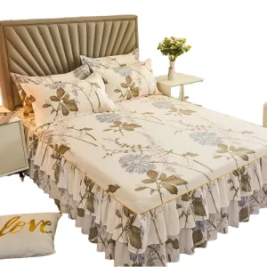 Lace Printed Floral Polyester Cotton Bed Sheet Skirt Set Hotel and Home Use Single Queen King Size Includes 2 Pillowcases
