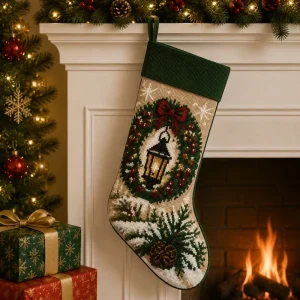Lantern Wreath Needlepoint Christmas Stocking Red Bow for Traditional Vintage Style Artisanal Holiday Mantel Hanging Decoration