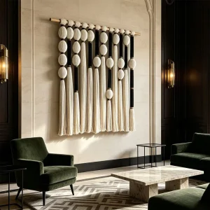 Large Beige Black Vertical Stripe Tassel Woven Spherical Bead Macrame Wall Hanging for Boutique Hotel Lobby