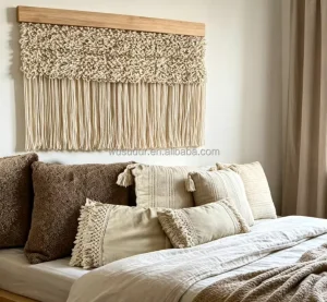 Large Circular Textured Wooden Handwoven Cotton Tassel Tapestry Bohemian Unisex Farmhouse Style Wall Decoration