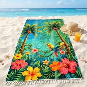 Large Size Eco Friendly 100% Cotton Modern All Season Beach Towel Heavy Tropical Digital Print Sand Free Quick Dry Beach Blanket